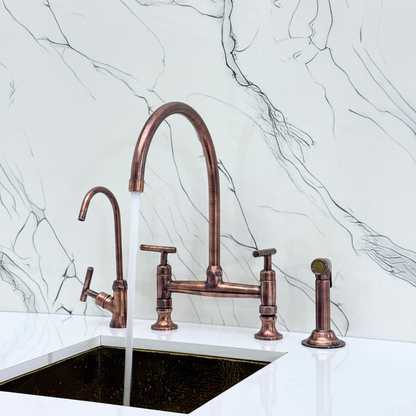 Antique Copper Bridge Kitchen Faucet with Sprayer, Drinking Water Tap and Lever Handles