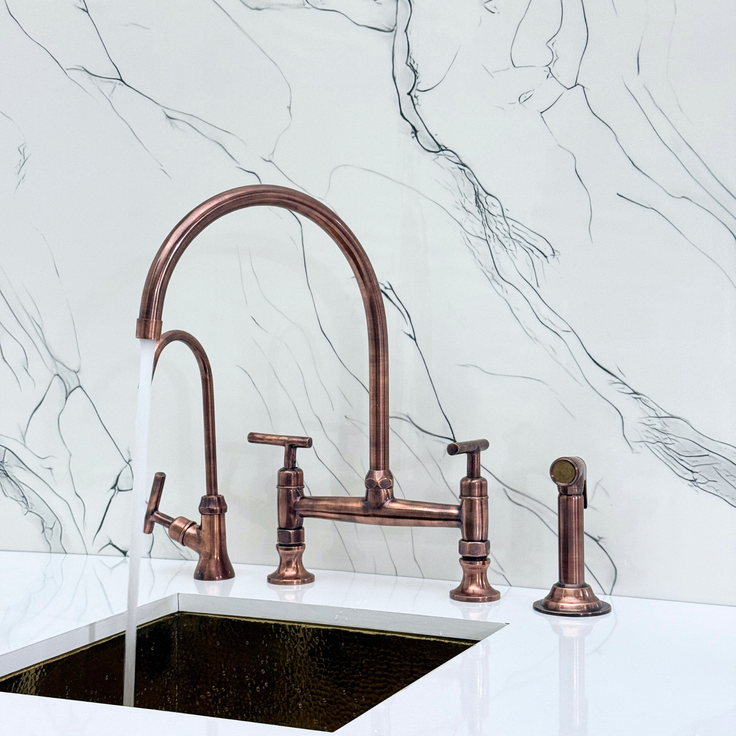 Antique Copper Bridge Kitchen Faucet with Sprayer, Drinking Water Tap and Lever Handles