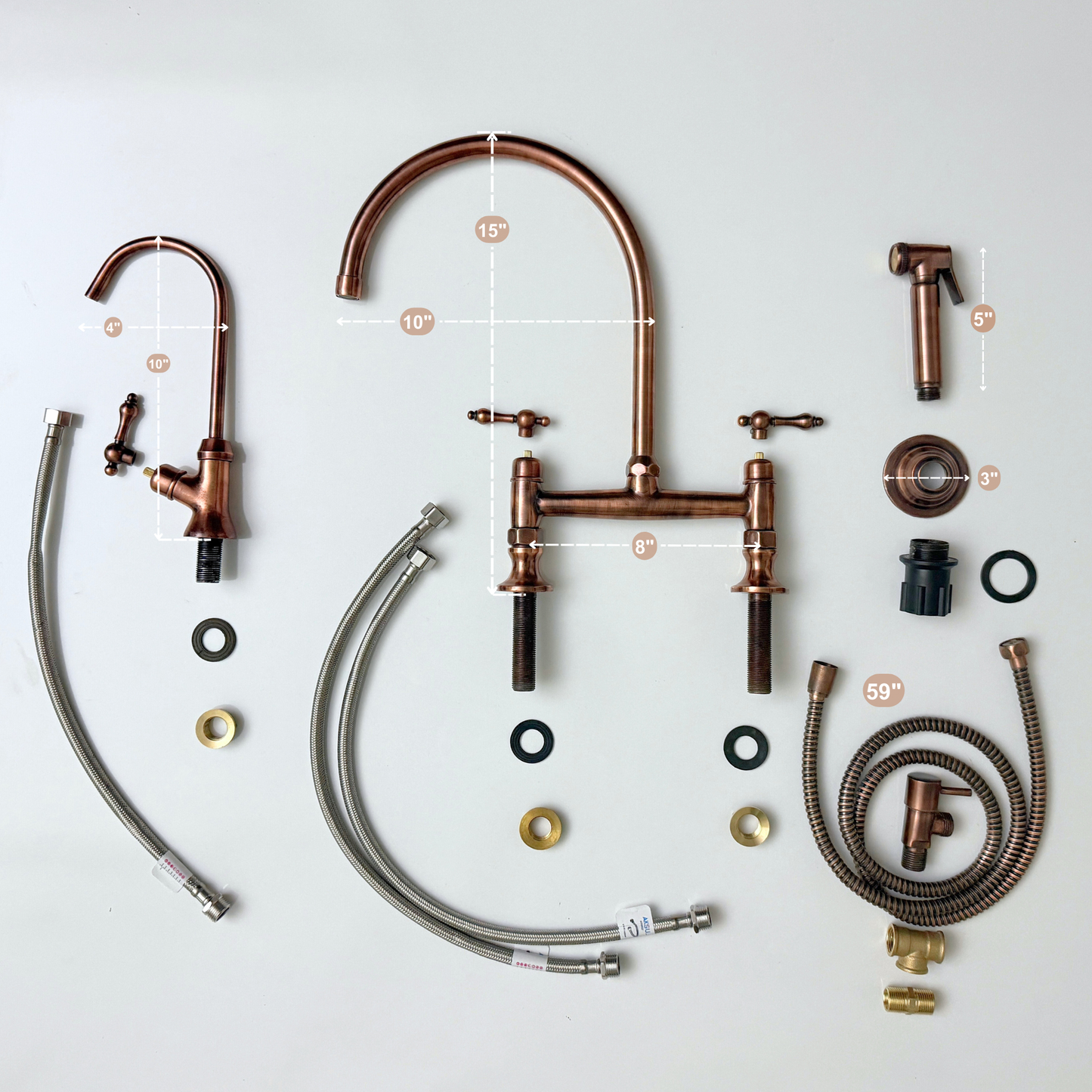 Antique Copper Bridge Kitchen Faucet with Sprayer, Drinking Water Tap and Lever Handles