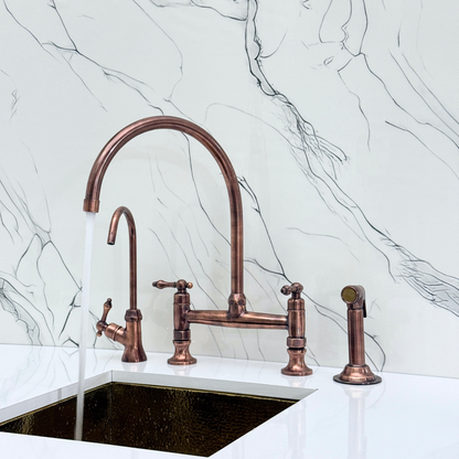 Antique Copper Bridge Kitchen Faucet with Sprayer, Drinking Water Tap and Lever Handles