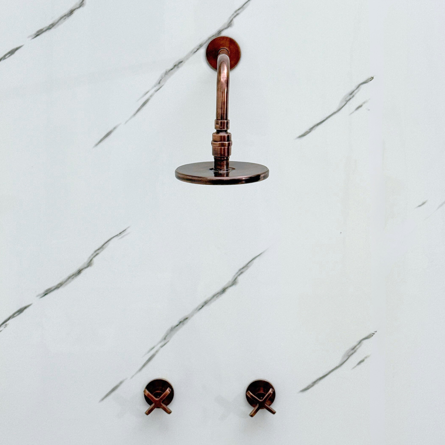 Antique Copper Shower System with Adjustable Flat Round Rain Shower Head, Straight Arm and Cross Handles