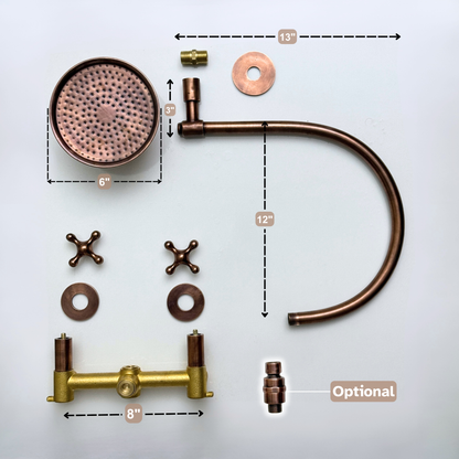 Antique Copper Shower System with Adjustable Round Rain Shower Head, Arcuate Arm and Cross Handles