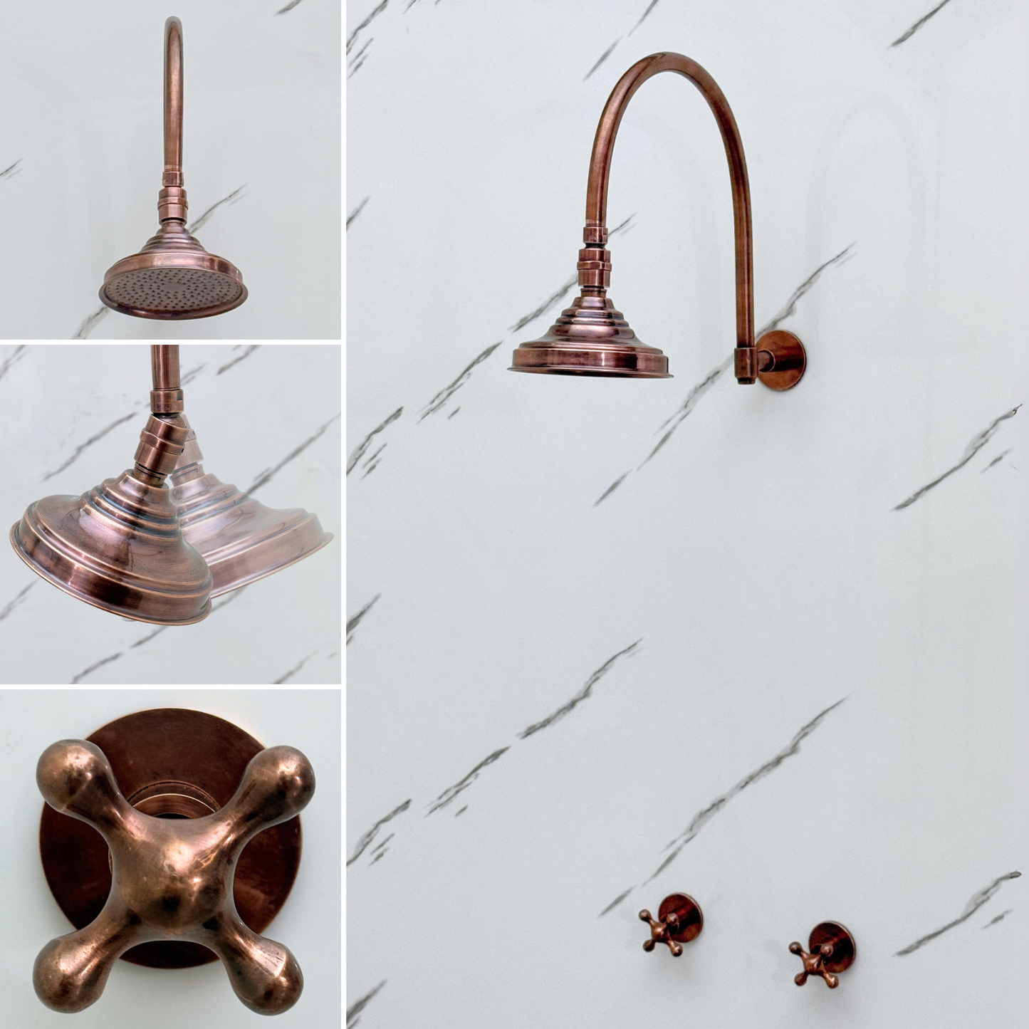 Antique Copper Shower System with Adjustable Round Rain Shower Head, Arcuate Arm and Cross Handles