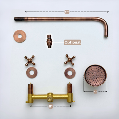 Antique Copper Shower System with Adjustable Round Rain Shower Head, Straight Arm and Cross Handles