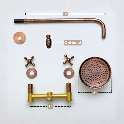 Antique Copper Shower System with Adjustable Round Rain Shower Head, Straight Arm and Cross Handles