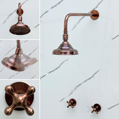 Antique Copper Shower System with Adjustable Round Rain Shower Head, Straight Arm and Cross Handles