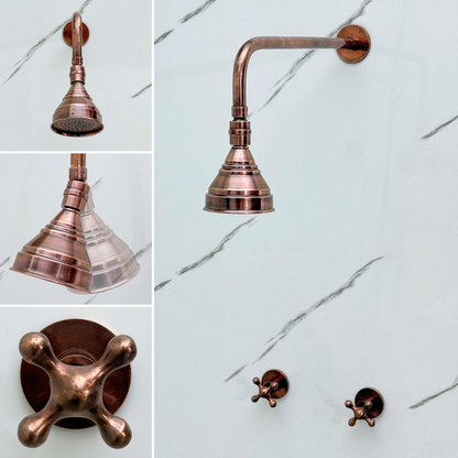 Antique Copper Shower System with Adjustable Round Rain Shower Head, Straight Arm and Cross Handles