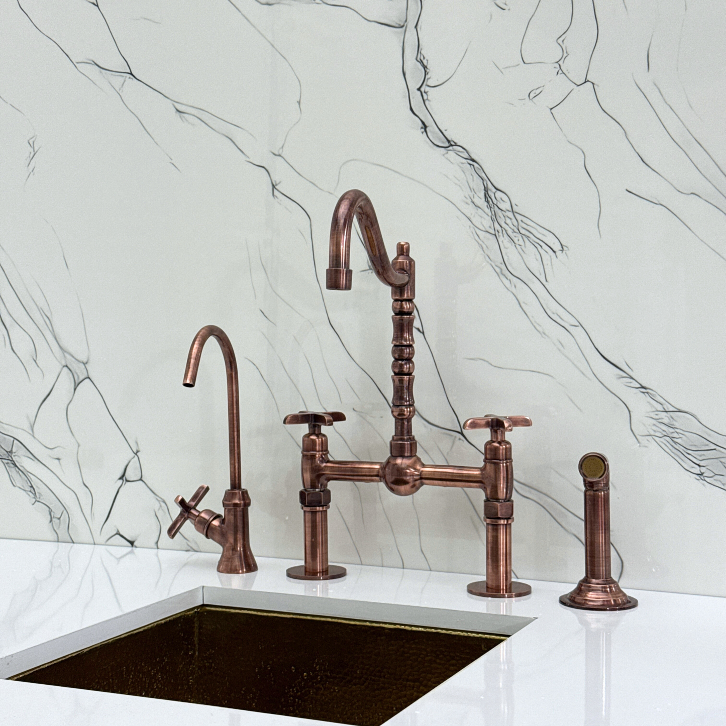 Antique Copper Victorian Bridge Faucet with Sprayer, Cold Water Faucet, Straight Legs and Cross Handles