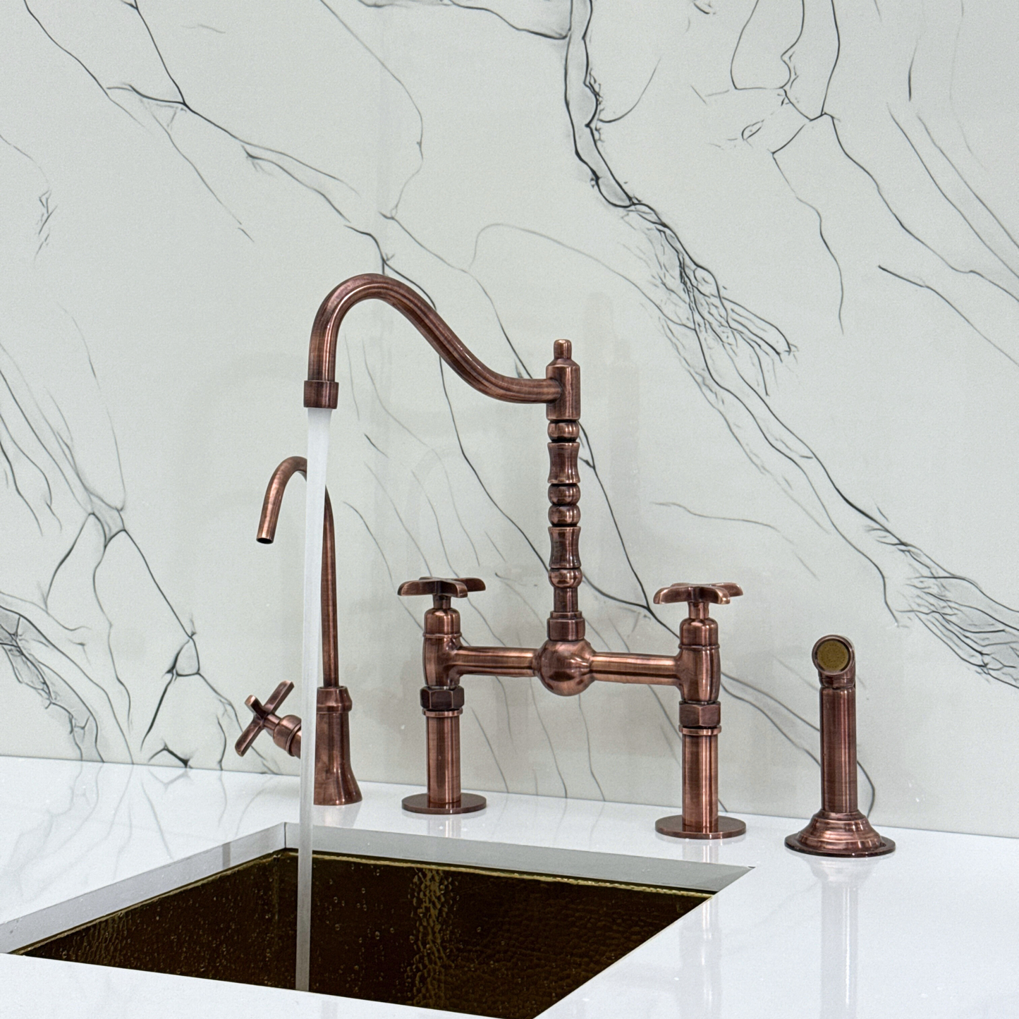 Antique Copper Victorian Bridge Faucet with Sprayer, Cold Water Faucet, Straight Legs and Cross Handles