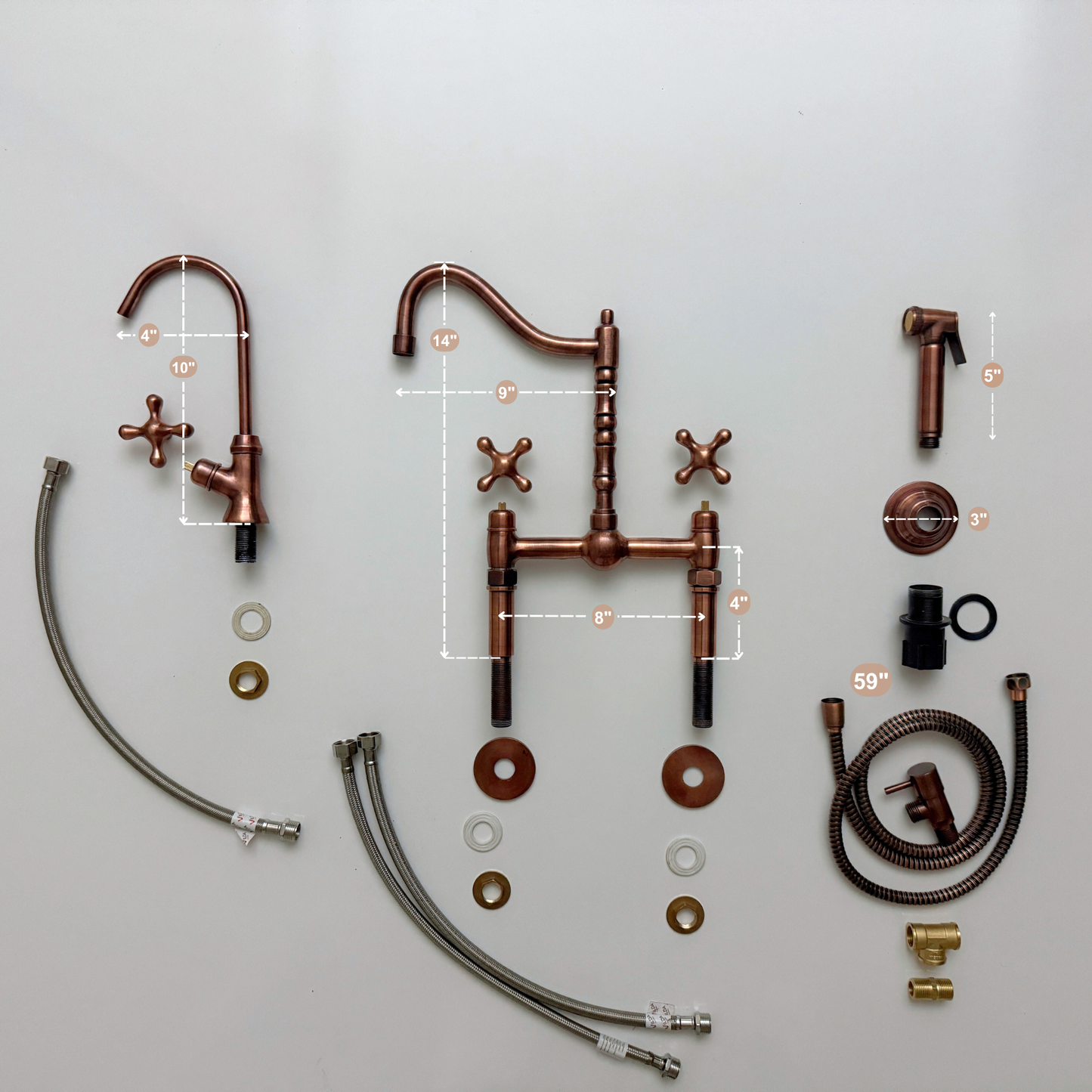 Antique Copper Victorian Bridge Faucet with Sprayer, Cold Water Faucet, Straight Legs and Cross Handles