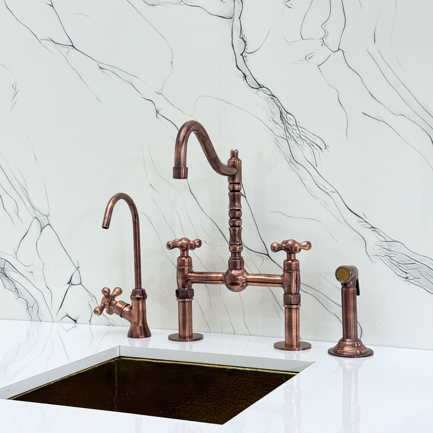 Antique Copper Victorian Bridge Faucet with Sprayer, Cold Water Faucet, Straight Legs and Cross Handles