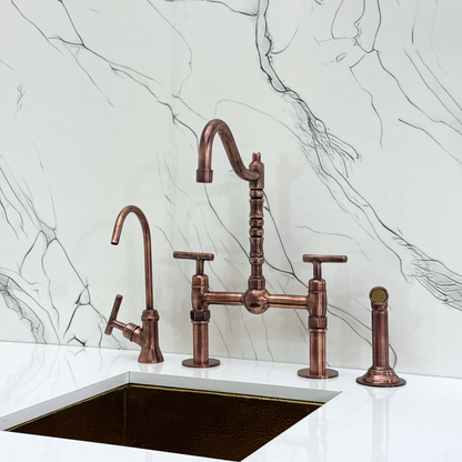 Antique Copper Victorian Bridge Faucet with Sprayer, Cold Water Faucet, Straight Legs and Lever Handles