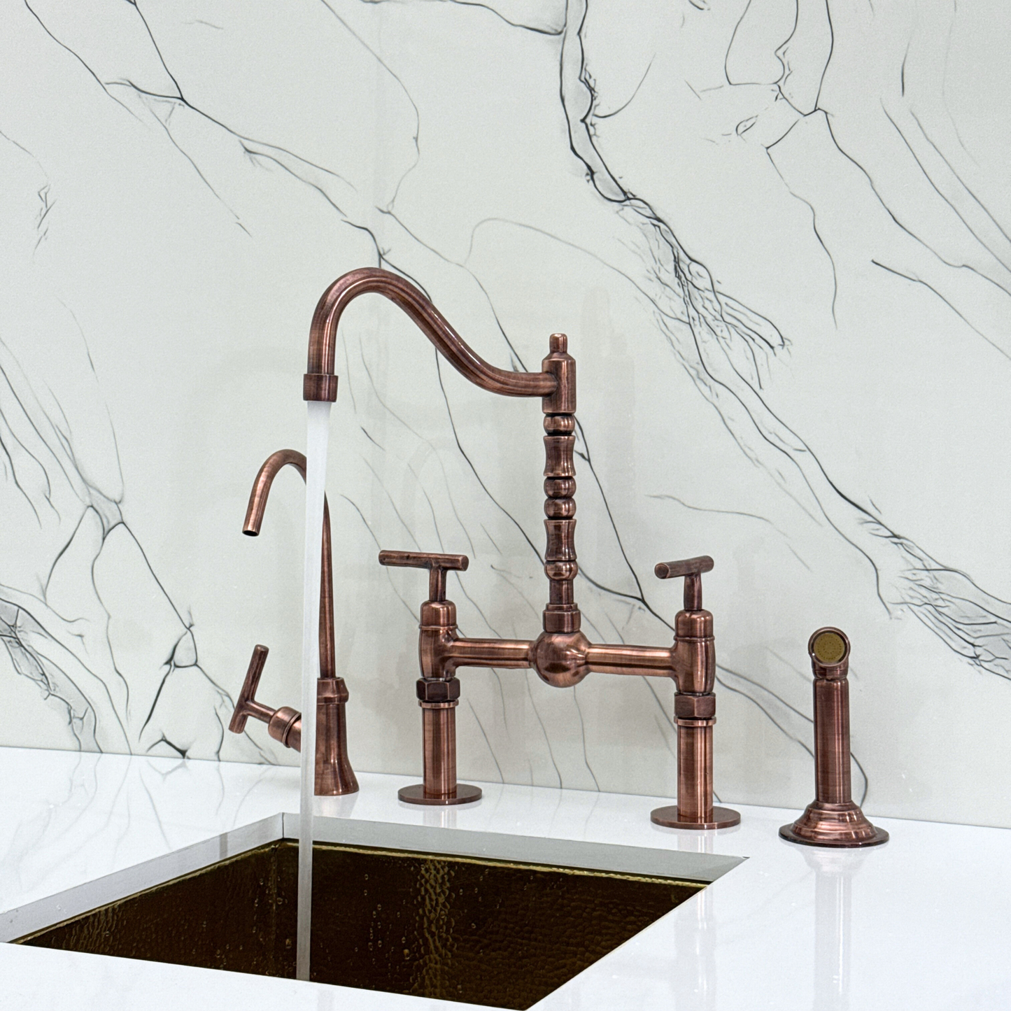 Antique Copper Victorian Bridge Faucet with Sprayer, Cold Water Faucet, Straight Legs and Lever Handles