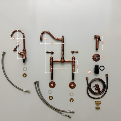 Antique Copper Victorian Bridge Faucet with Sprayer, Cold Water Faucet, Straight Legs and Lever Handles