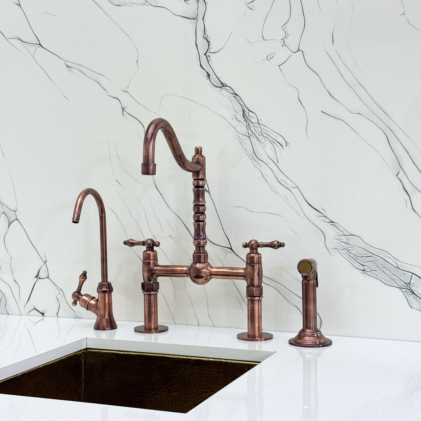 Antique Copper Victorian Bridge Faucet with Sprayer, Cold Water Faucet, Straight Legs and Lever Handles