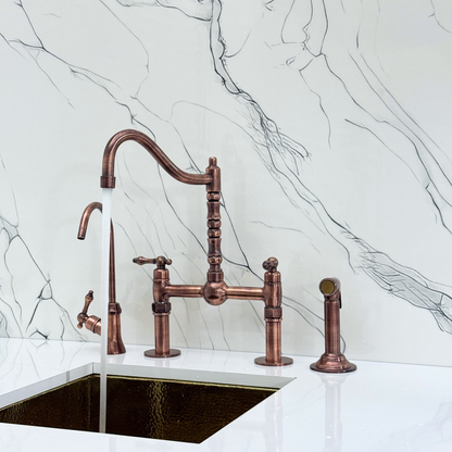 Antique Copper Victorian Bridge Faucet with Sprayer, Cold Water Faucet, Straight Legs and Lever Handles