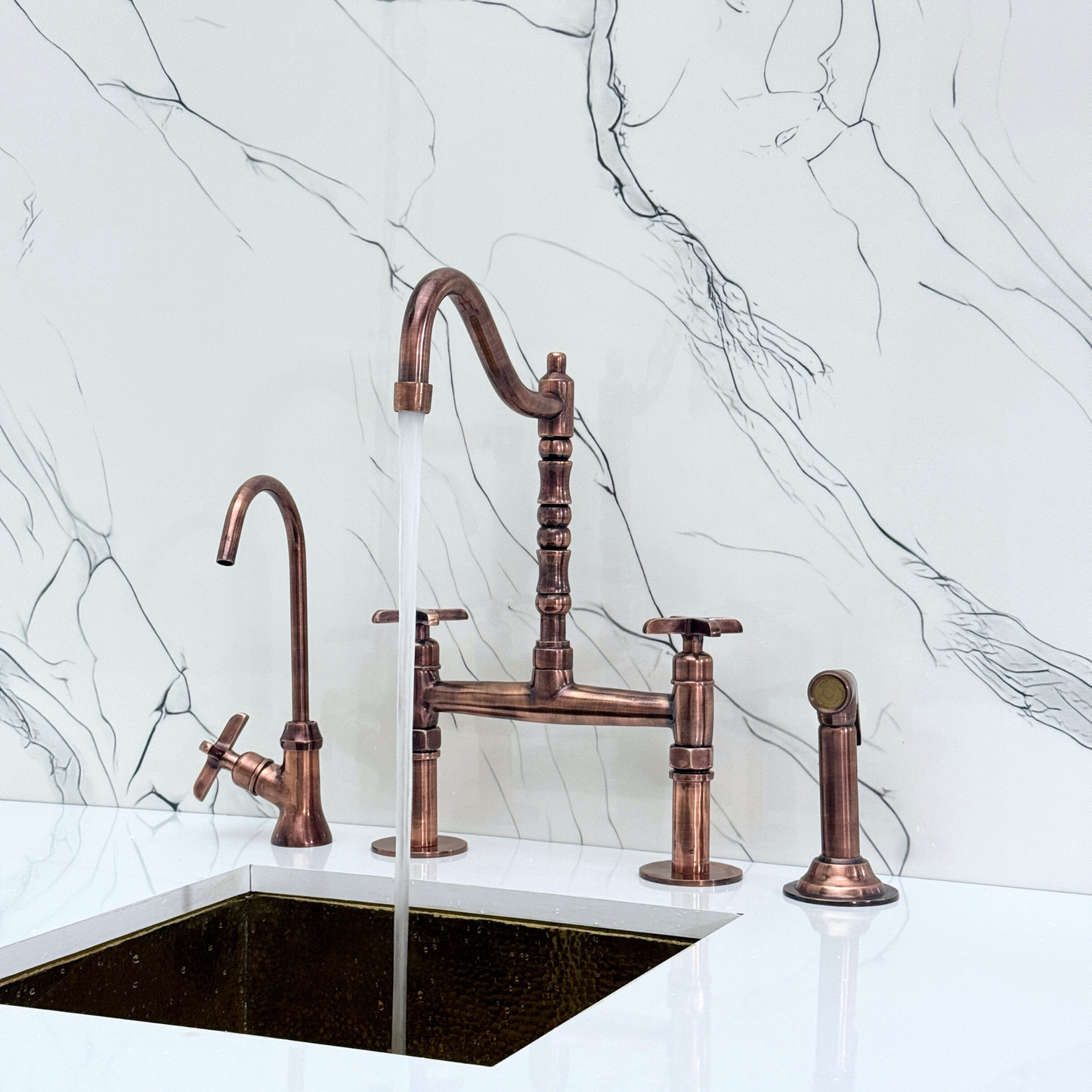 Antique Copper Victorian Bridge Faucet with Sprayer, Cold Water Faucet and Cross Handles