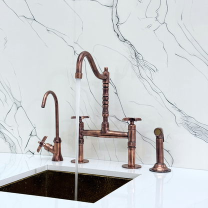 Antique Copper Victorian Bridge Faucet with Sprayer, Cold Water Faucet and Cross Handles