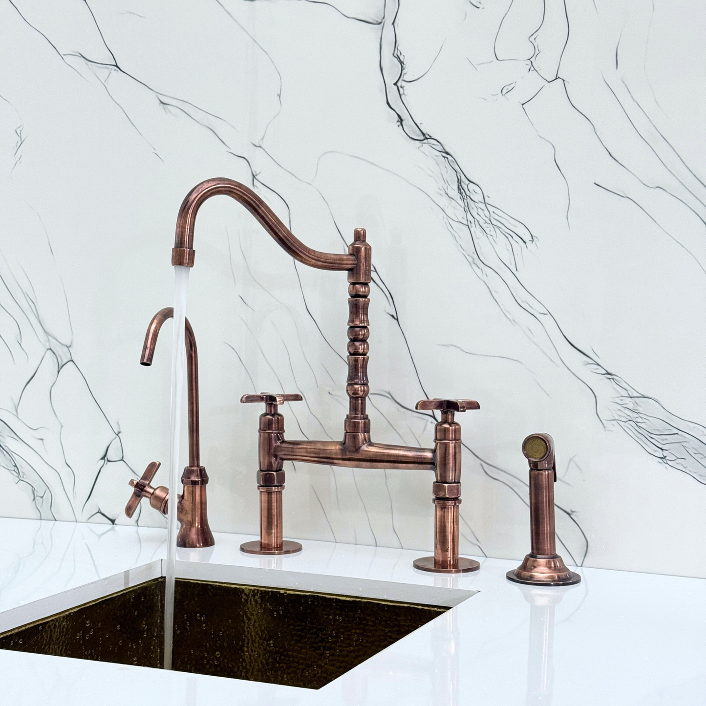 Antique Copper Victorian Bridge Faucet with Sprayer, Cold Water Faucet and Cross Handles