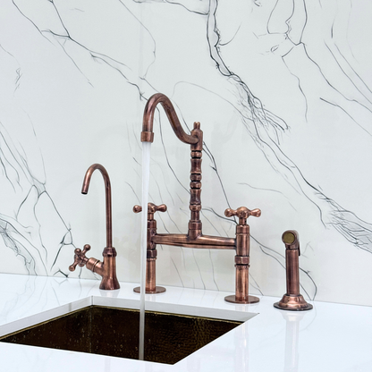 Antique Copper Victorian Bridge Faucet with Sprayer, Cold Water Faucet and Cross Handles