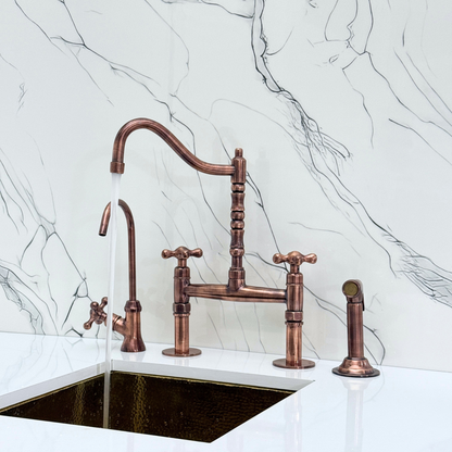 Antique Copper Victorian Bridge Faucet with Sprayer, Cold Water Faucet and Cross Handles