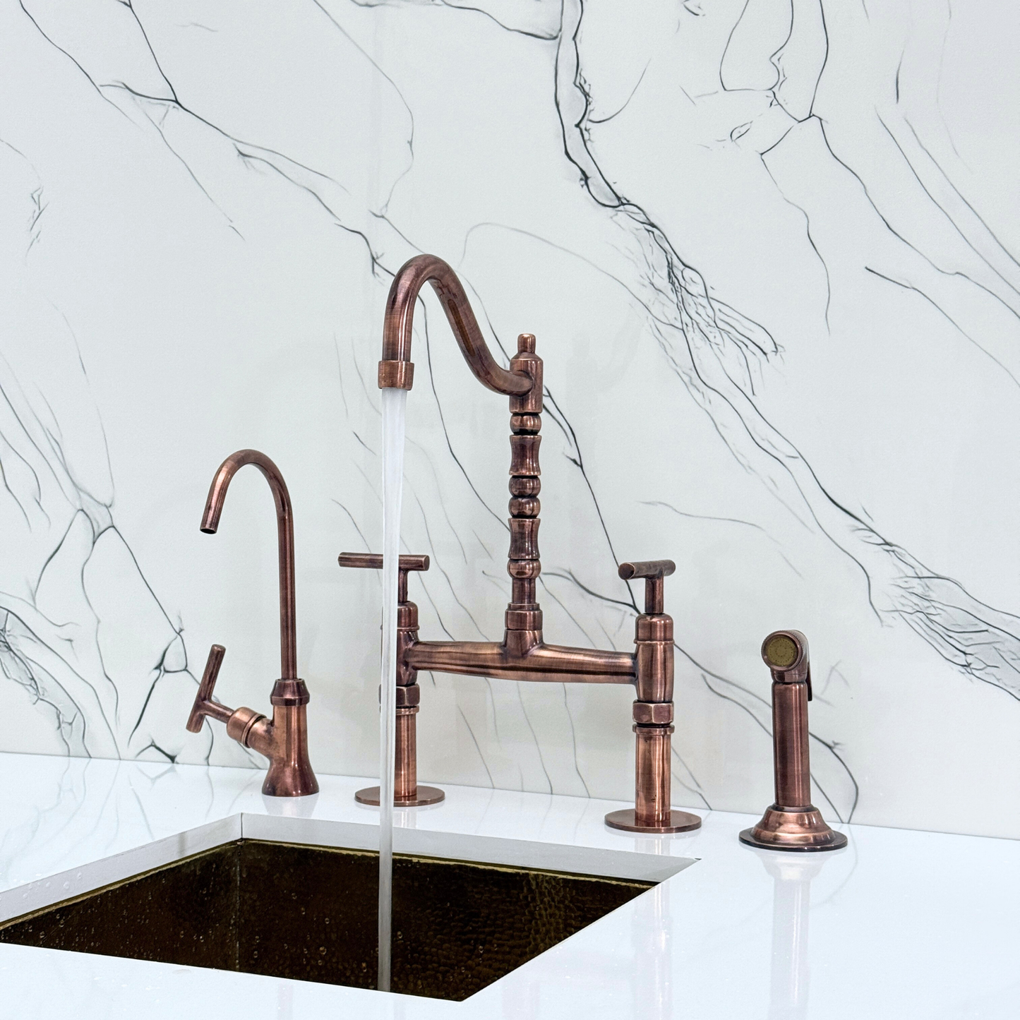 Antique Copper Victorian Bridge Faucet with Sprayer, Cold Water Faucet and Lever Handles