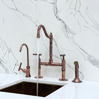 Antique Copper Victorian Bridge Faucet with Sprayer, Cold Water Faucet and Lever Handles