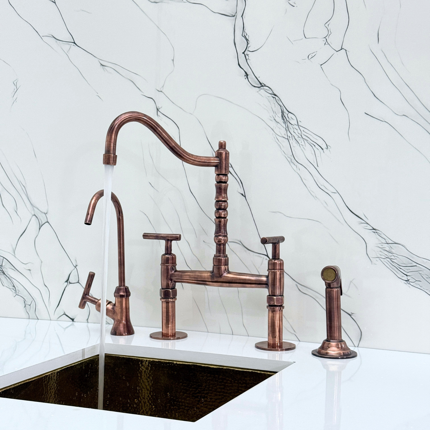 Antique Copper Victorian Bridge Faucet with Sprayer, Cold Water Faucet and Lever Handles