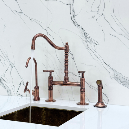Antique Copper Victorian Bridge Faucet with Sprayer, Cold Water Faucet and Lever Handles