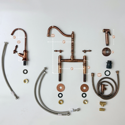 Antique Copper Victorian Bridge Faucet with Sprayer, Cold Water Faucet and Lever Handles