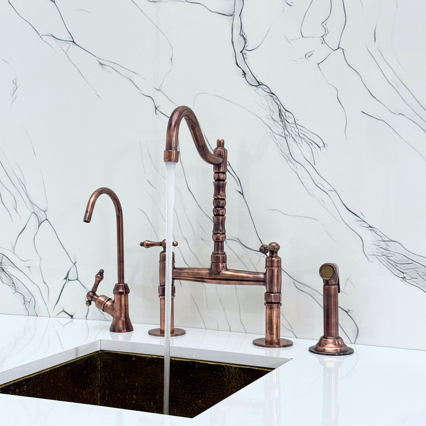 Antique Copper Victorian Bridge Faucet with Sprayer, Cold Water Faucet and Lever Handles