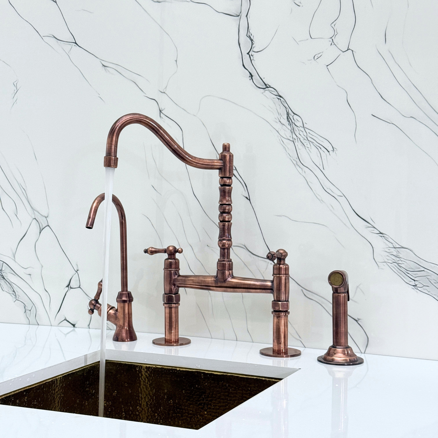 Antique Copper Victorian Bridge Faucet with Sprayer, Cold Water Faucet and Lever Handles