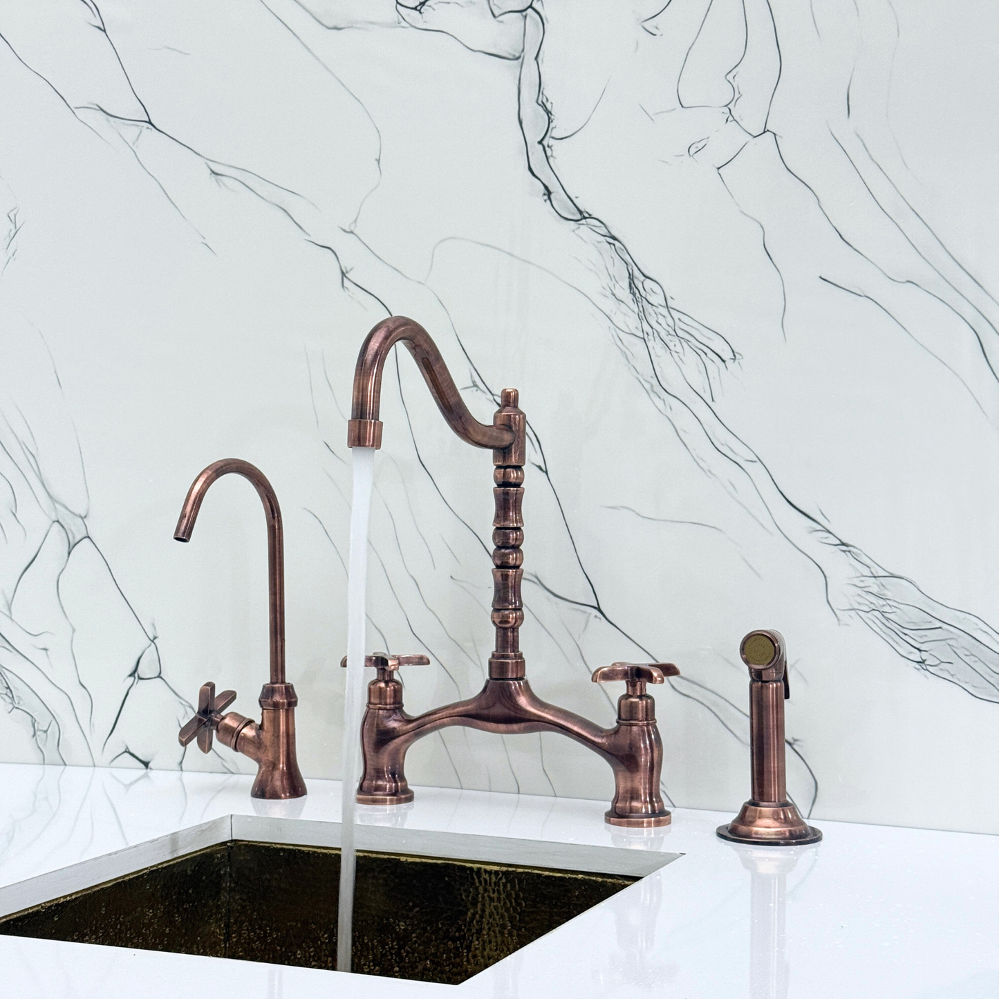 Antique Copper Victorian Bridge Kitchen Faucet with Sprayer, Drinking Water Tap and Cross Handles