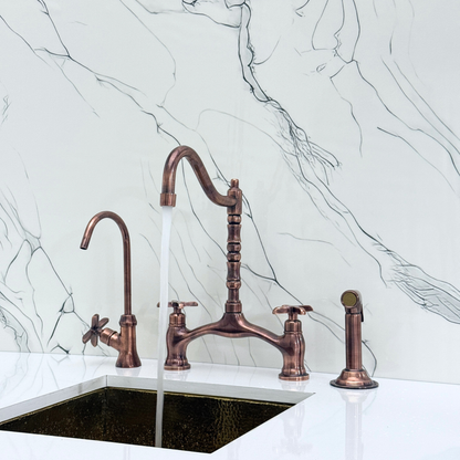 Antique Copper Victorian Bridge Kitchen Faucet with Sprayer, Drinking Water Tap and Cross Handles