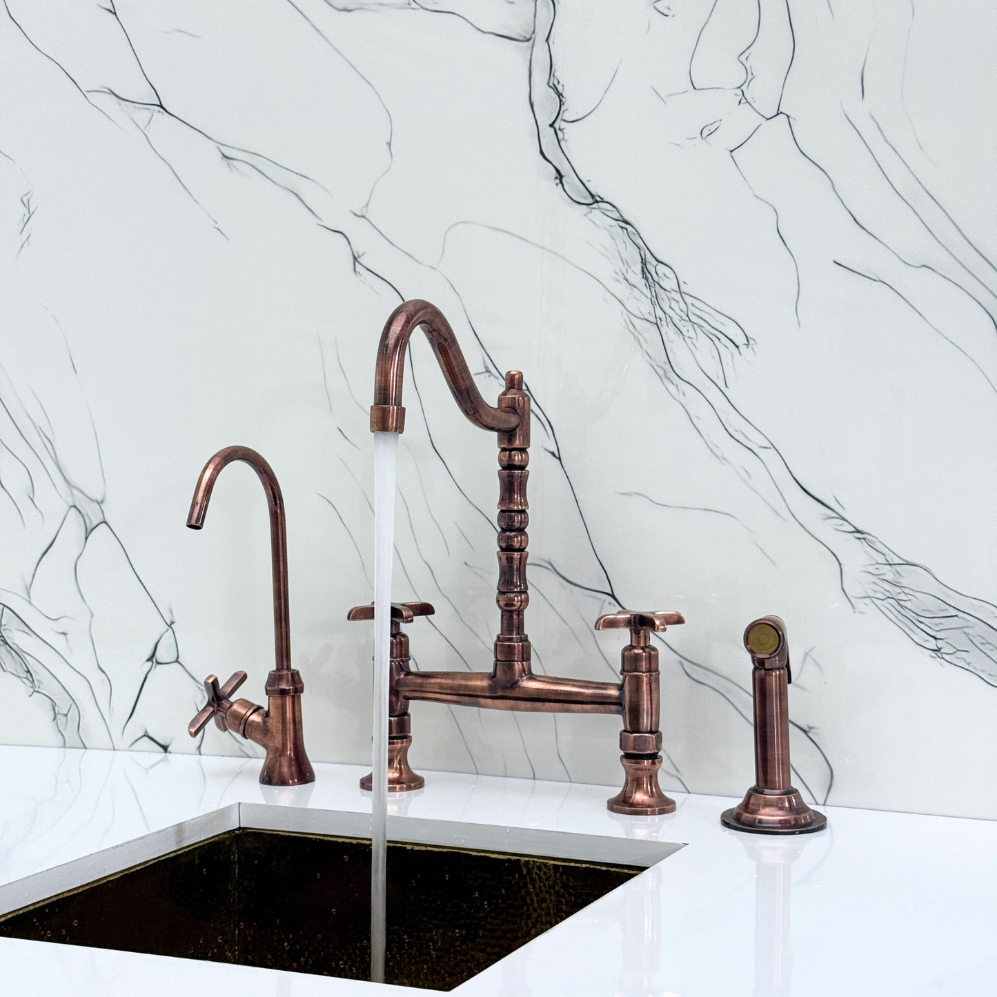 Antique Copper Bridge Victorian Kitchen Faucet with Sprayer, Drinking Water Tap and Cross Handles