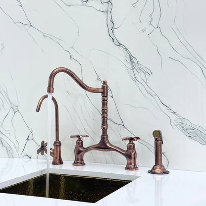 Antique Copper Victorian Bridge Kitchen Faucet with Sprayer, Drinking Water Tap and Cross Handles
