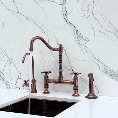 Antique Copper Bridge Victorian Kitchen Faucet with Sprayer, Drinking Water Tap and Cross Handles