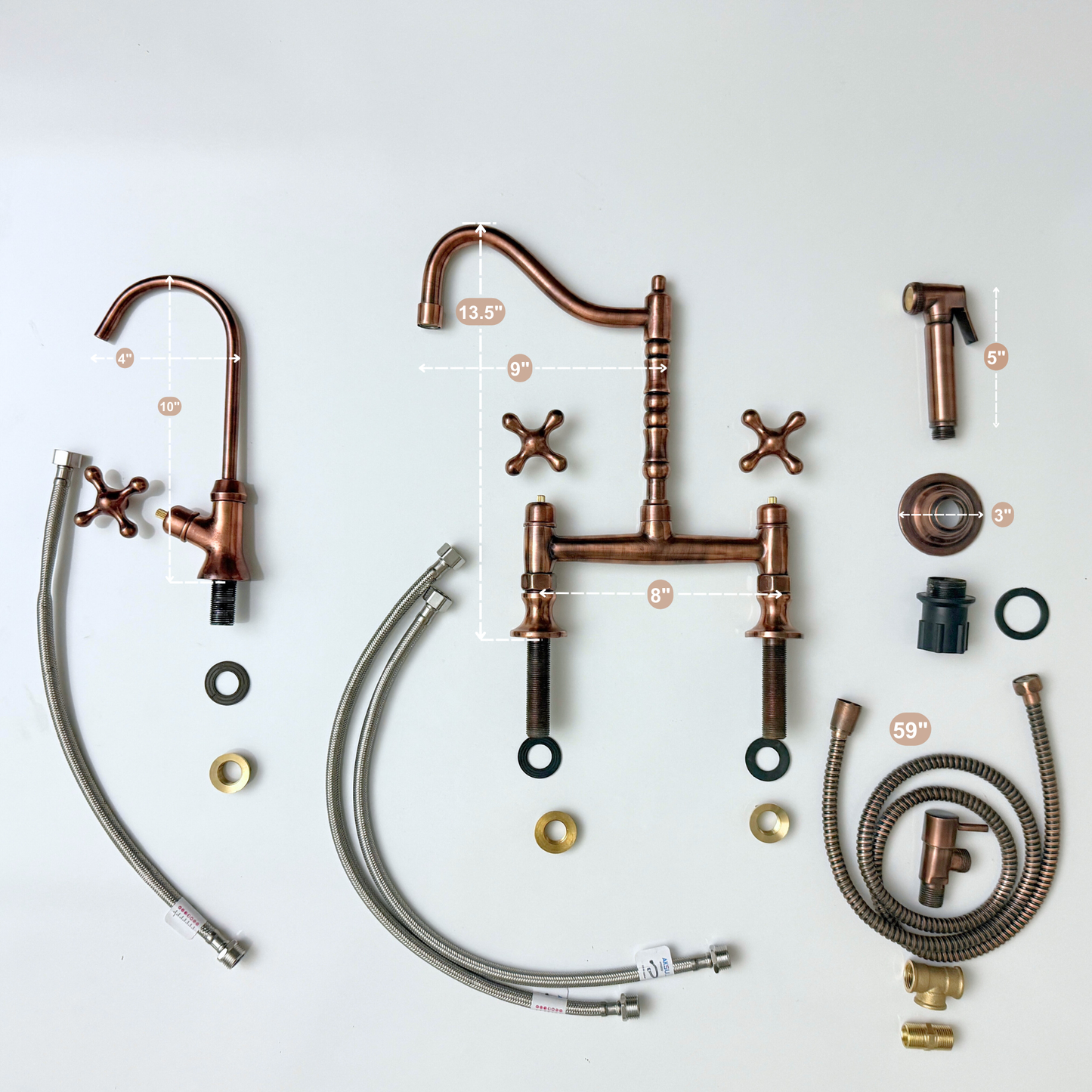 Antique Copper Bridge Victorian Kitchen Faucet with Sprayer, Drinking Water Tap and Cross Handles