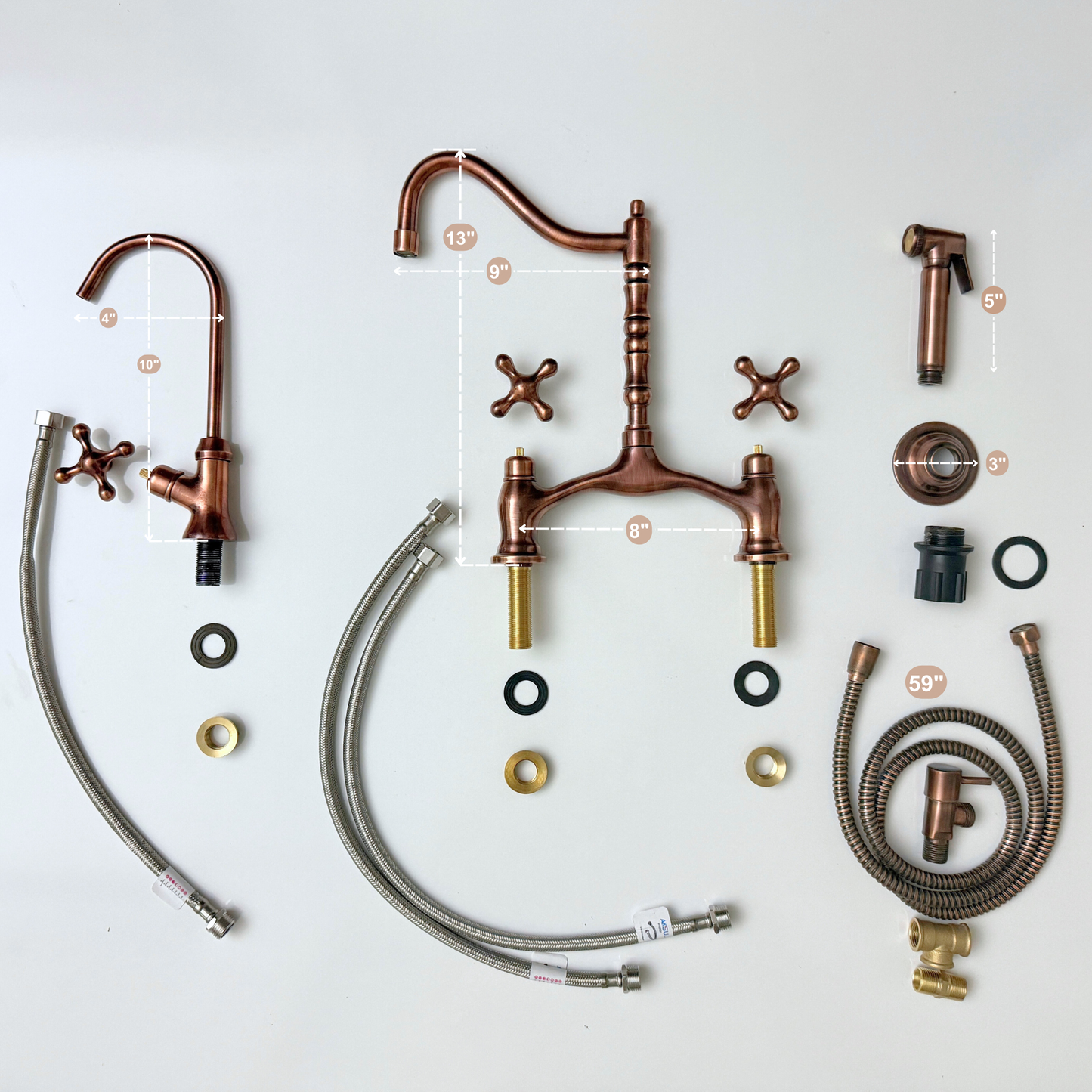 Antique Copper Victorian Bridge Kitchen Faucet with Sprayer, Drinking Water Tap and Cross Handles