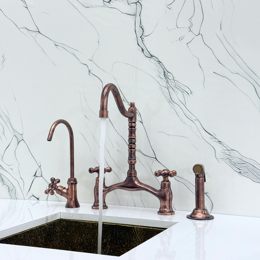 Antique Copper Victorian Bridge Kitchen Faucet with Sprayer, Drinking Water Tap and Cross Handles