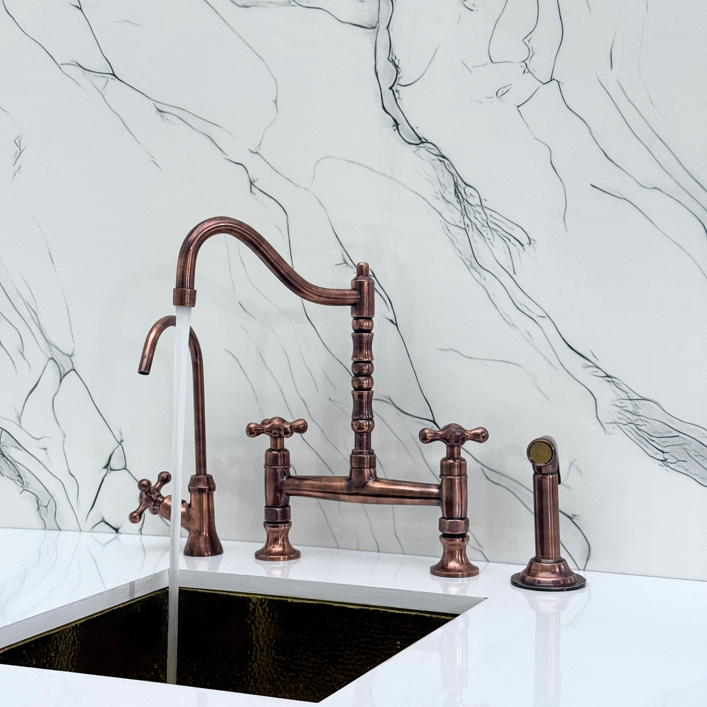 Antique Copper Bridge Victorian Kitchen Faucet with Sprayer, Drinking Water Tap and Cross Handles