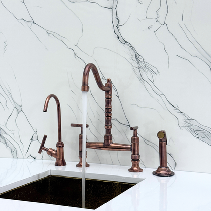 Antique Copper Bridge Victorian Kitchen Faucet with Sprayer, Drinking Water Tap and Lever Handles