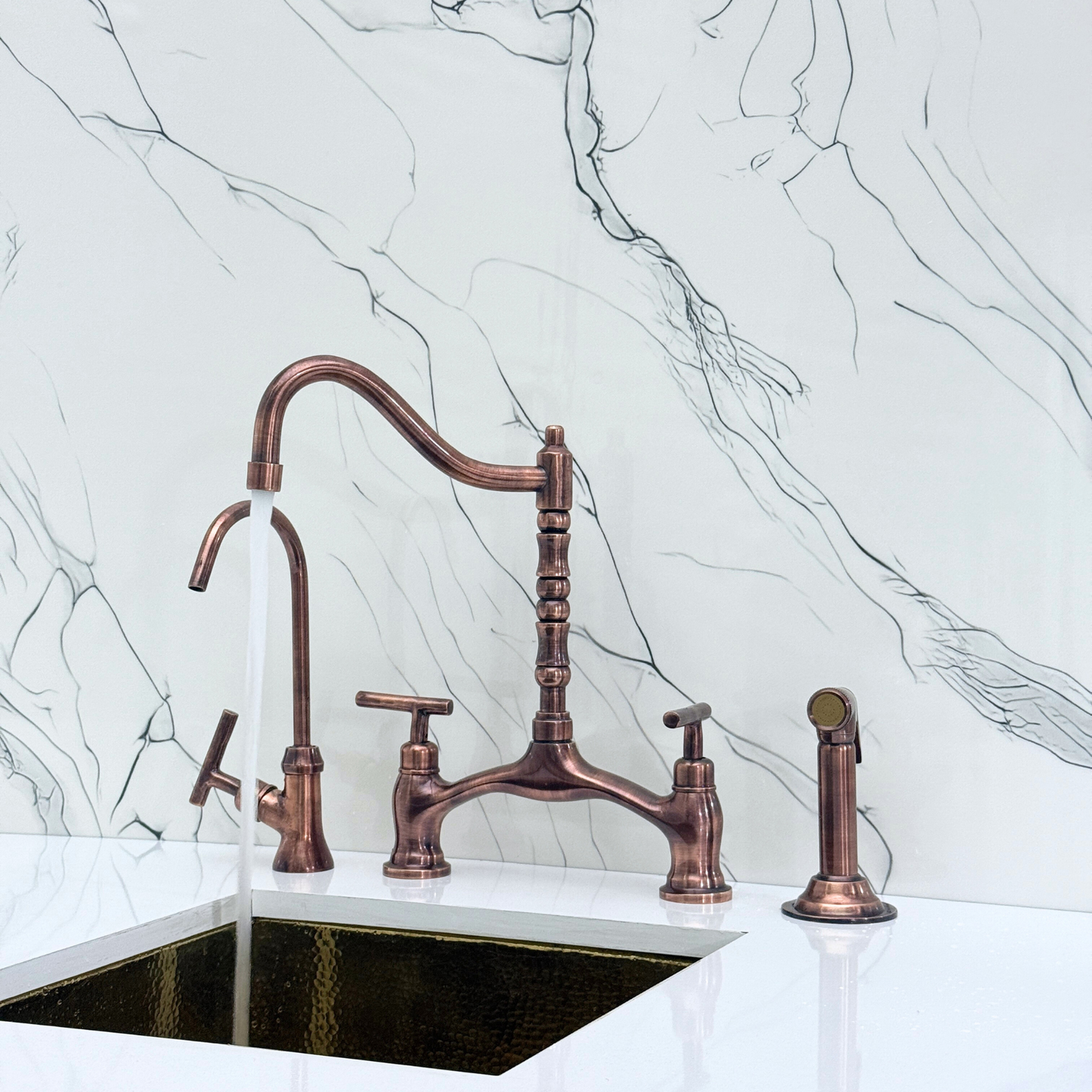 Antique Copper Victorian Bridge Kitchen Faucet with Sprayer, Drinking Water Tap and Lever Handles