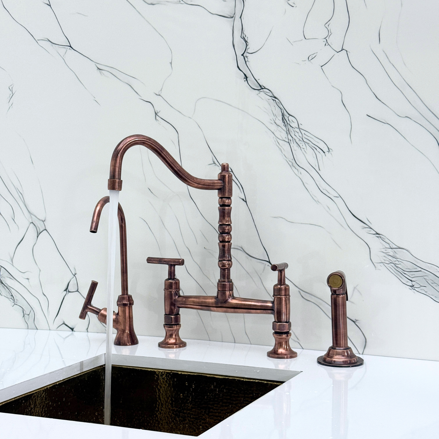 Antique Copper Bridge Victorian Kitchen Faucet with Sprayer, Drinking Water Tap and Lever Handles