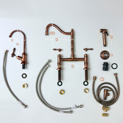 Antique Copper Bridge Victorian Kitchen Faucet with Sprayer, Drinking Water Tap and Lever Handles