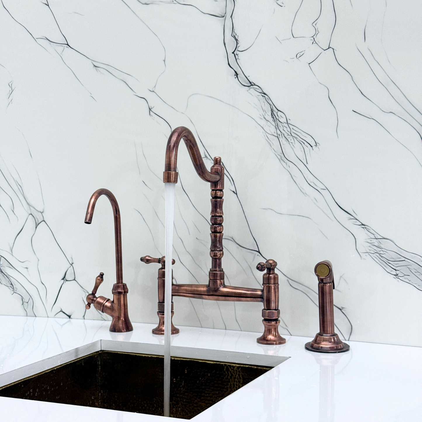 Antique Copper Bridge Victorian Kitchen Faucet with Sprayer, Drinking Water Tap and Lever Handles