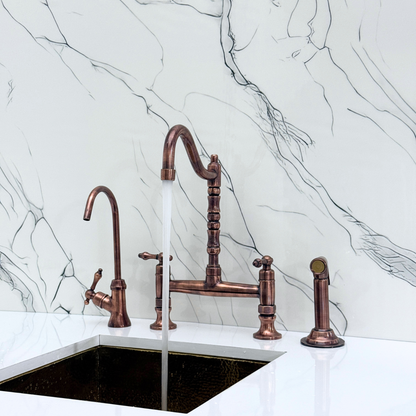 Antique Copper Bridge Victorian Kitchen Faucet with Sprayer, Drinking Water Tap and Lever Handles