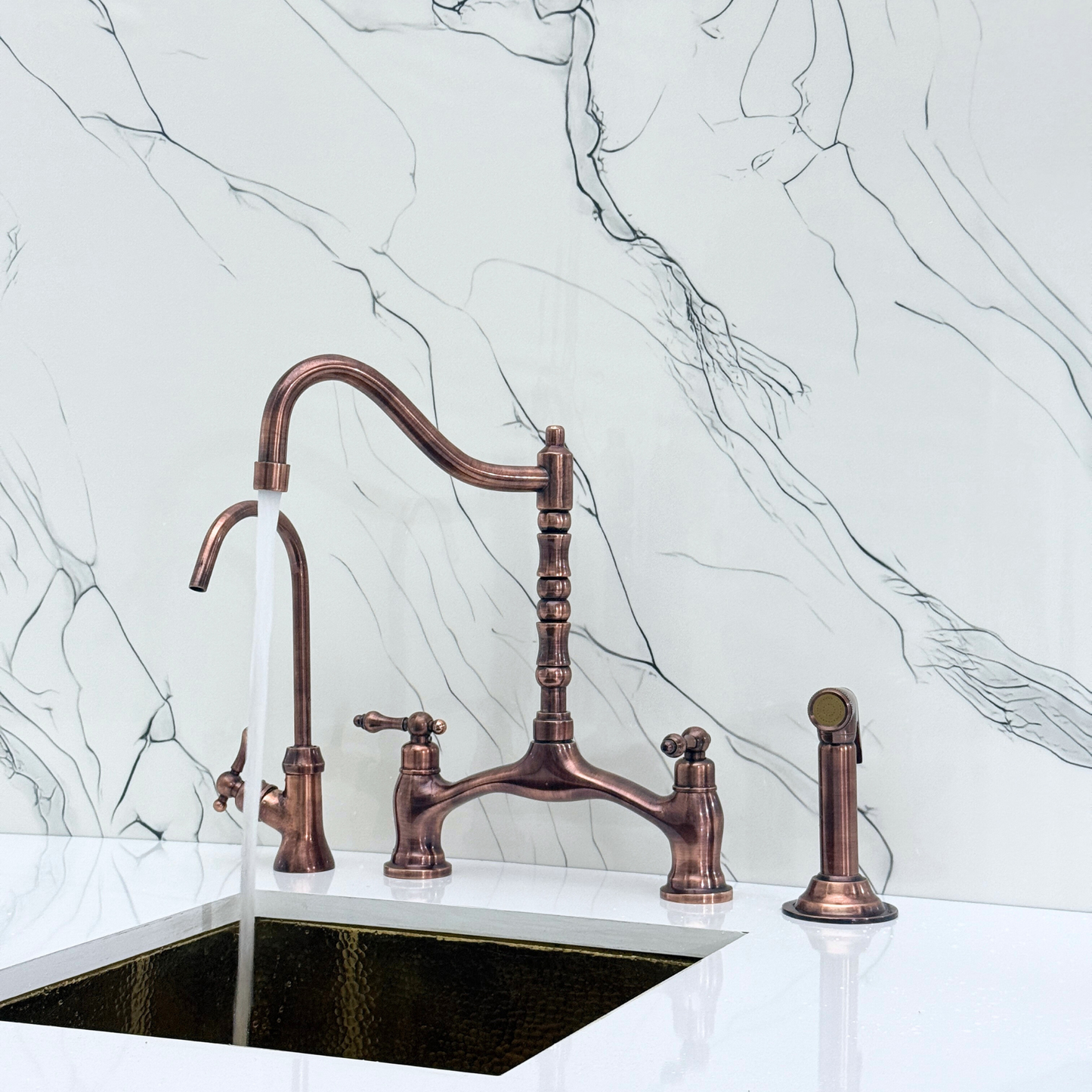 Antique Copper Victorian Bridge Kitchen Faucet with Sprayer, Drinking Water Tap and Lever Handles