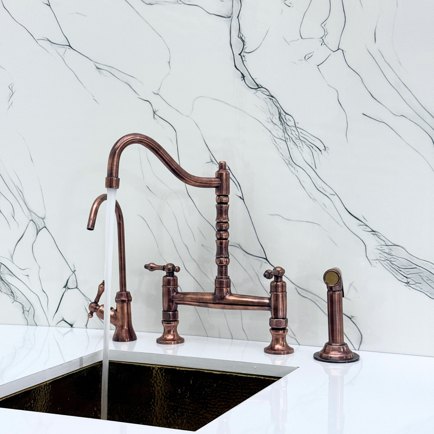 Antique Copper Bridge Victorian Kitchen Faucet with Sprayer, Drinking Water Tap and Lever Handles