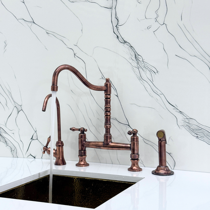 Antique Copper Bridge Victorian Kitchen Faucet with Sprayer, Drinking Water Tap and Lever Handles
